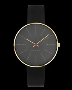 ARNE JACOBSEN BANKERS 34 MM GRÅ MED SORT LÆDER - 53109-1601G