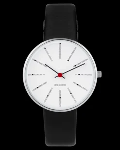 ARNE JACOBSEN BANKERS 34MM STÅL OG SORT LÆDER - 53101-1601
