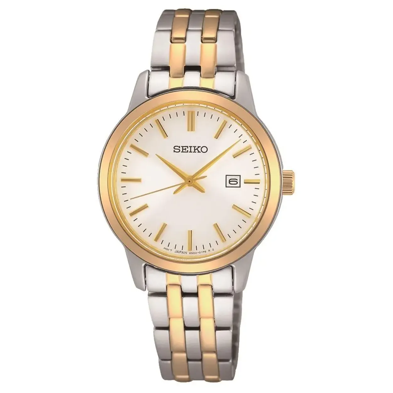 SEIKO DAME TOFARVEDE LÆNKE HVID SKIVE MED DATO - SUR410P1